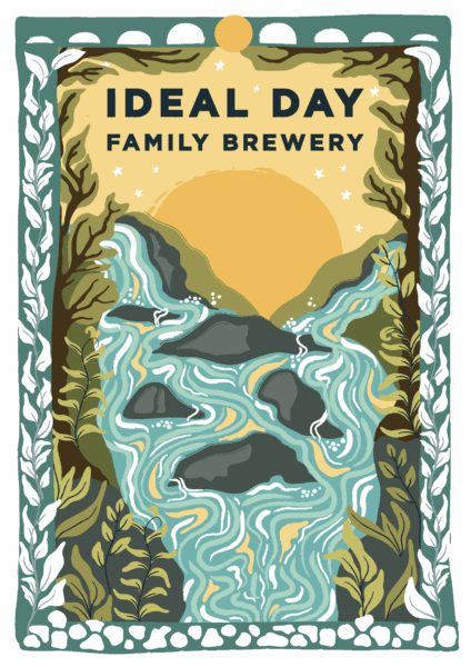 Ideal Day Cascading Sun Poster with Ideal Day Family Brewery text logo on an illustration of a brook and a sun